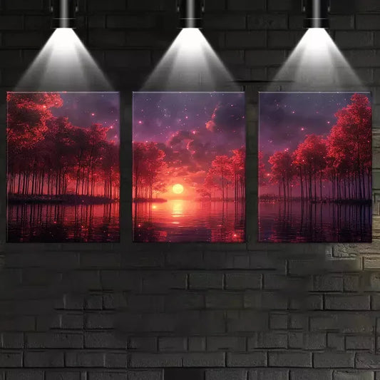 3pcs Charming Lake Red Trees with Sunset View Wall Art Set Canvas Framed 40x60cm - High Quality Print 100% Australian Made Wall Canvas Ready to Hang
