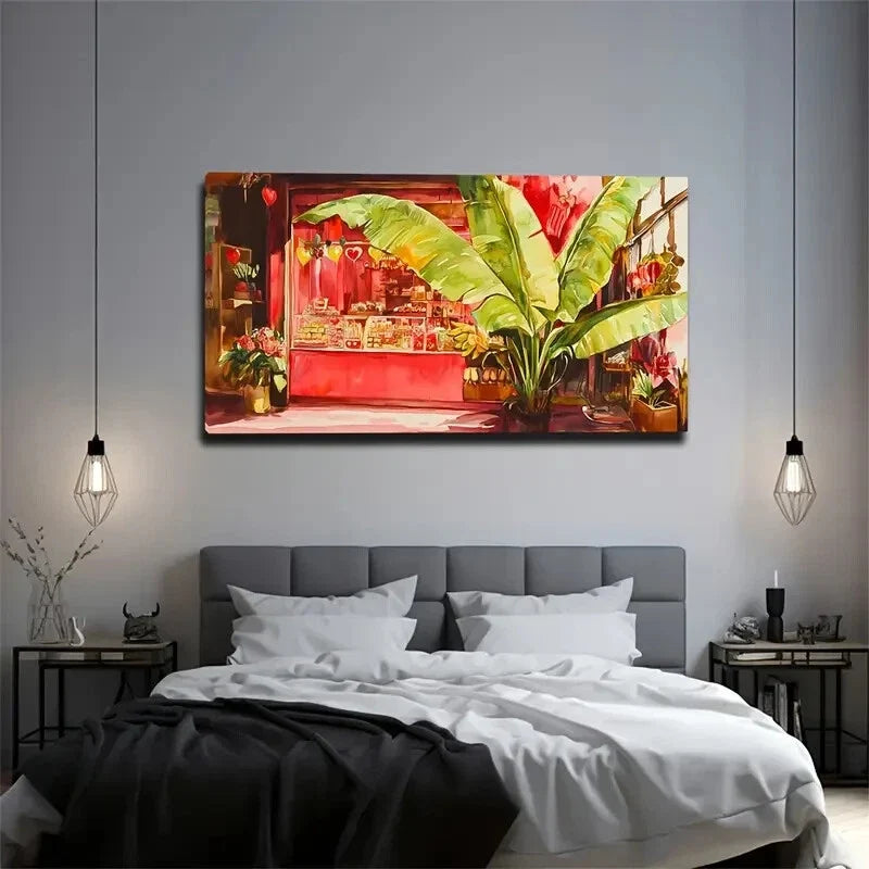 Red Food Stall Scene Nordic Wall Art Canvas Office Home Room Framed 80x45cm