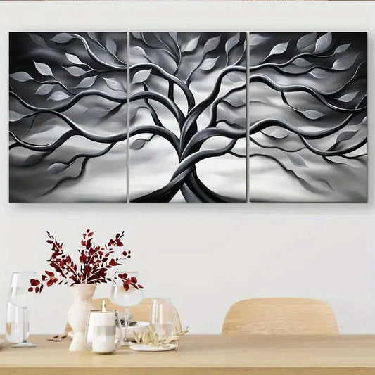 3pcs Elegant Black And White Twisting Tree Metal Print Ready to Hang Art