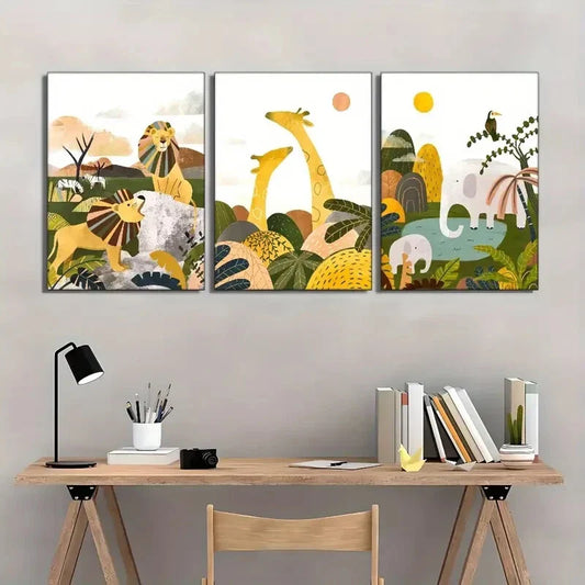 3pcs Elephant Giraffe Lion Wild Animals Art Metal Print Ready to Hang Art