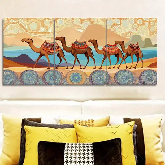 3pcs Decor with Camels, Dunes & Sunset Wall Art Set Canvas Framed 40x60cm - High Quality Print 100% Australian Made Wall Canvas Ready to Hang