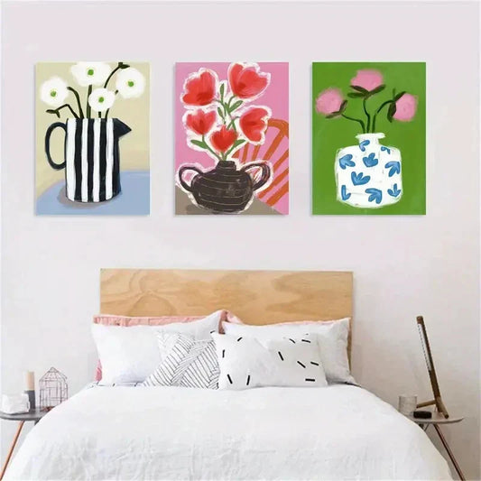 3pcs White, Red & Blue Flower Paintings, Metal Print Ready to Hang Art