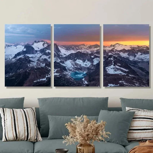 3pcs Natural Landscape with Mountains, Snow,, Metal Print Ready to Hang Art