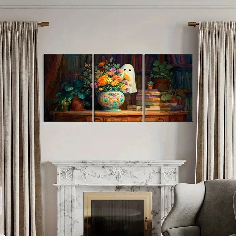 3pcs Artistic Floral Arrangement Ghostly Figure Metal Print Ready to Hang Art