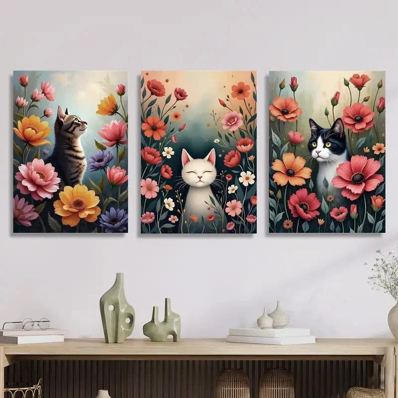3pcs Cats in the Garden Colorful Floral Metal Print Ready to Hang Art