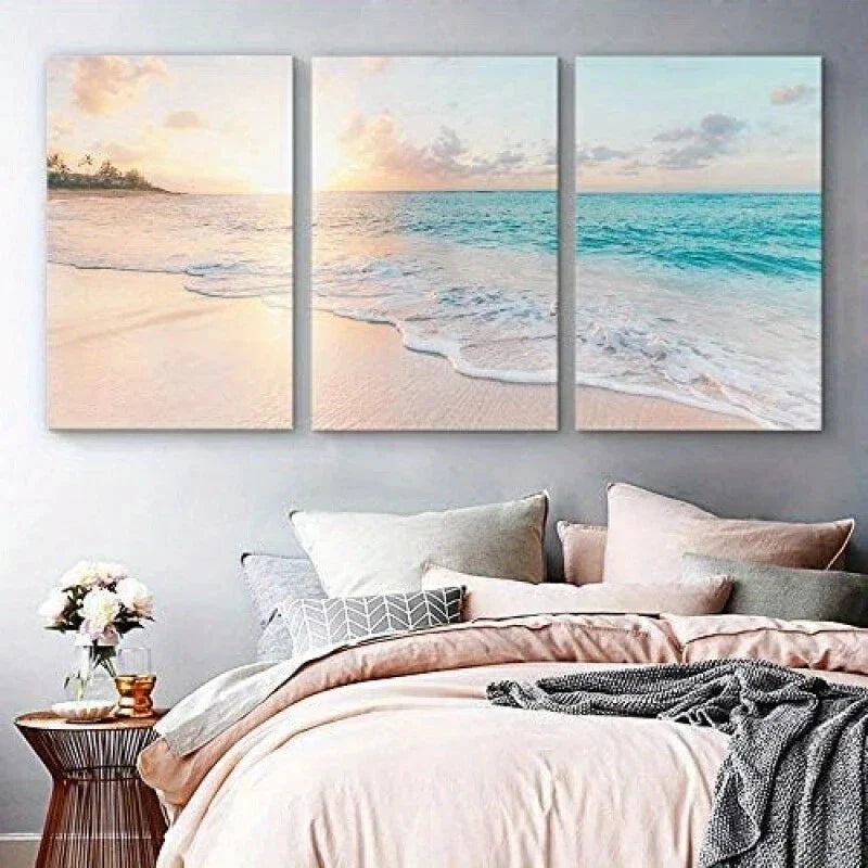3pcs Teal Beach Waves on Shore at Sunset Nature Metal Print Ready to Hang Art