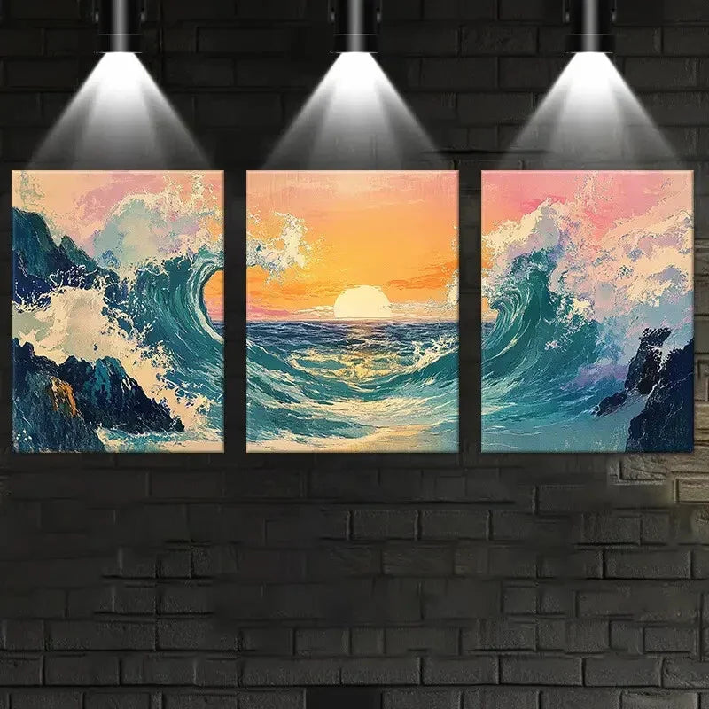 3pcs Seascape with Sunset, Waves & Rocky Shoreline Metal Print Ready to Hang Art