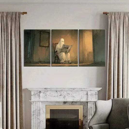 3pcs Ghost Reading Newspaper Spooky Atmosphere Metal Print Ready to Hang Art