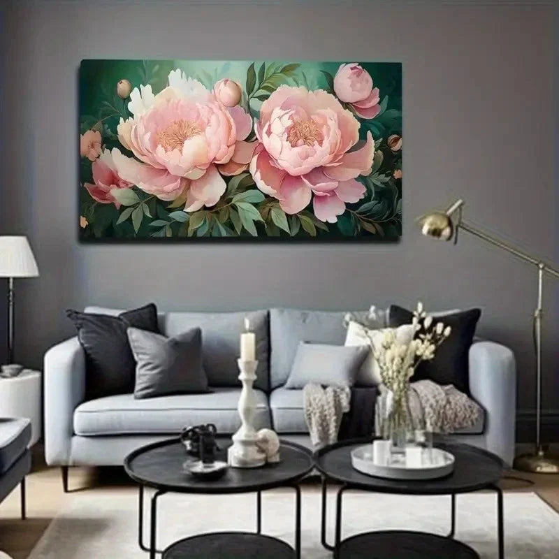 Pink Peony Floral Wall Art Canvas Office Home Room Framed 80x45cm