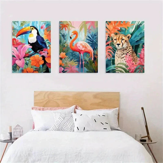 3pcs Jungle Majesty Tiger Flamingo Metal Print Ready to Hang Art