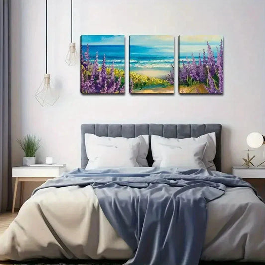 3pcs Vibrant Beach Scene with Purple Lavender Metal Print Ready to Hang Art