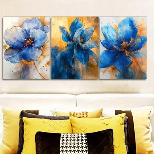 3pcs Blue exotic Flowers Art Painting Metal Print Ready to Hang Art