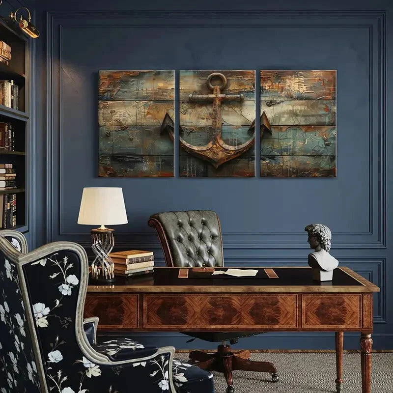 3pcs Rustic Nautical Anchor Metal Print Ready to Hang Art