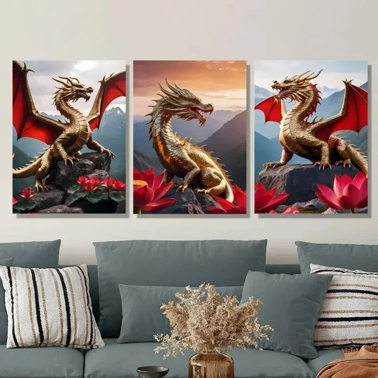 3pcs Golden Dragons with Red Wings, Metal Print Ready to Hang Art