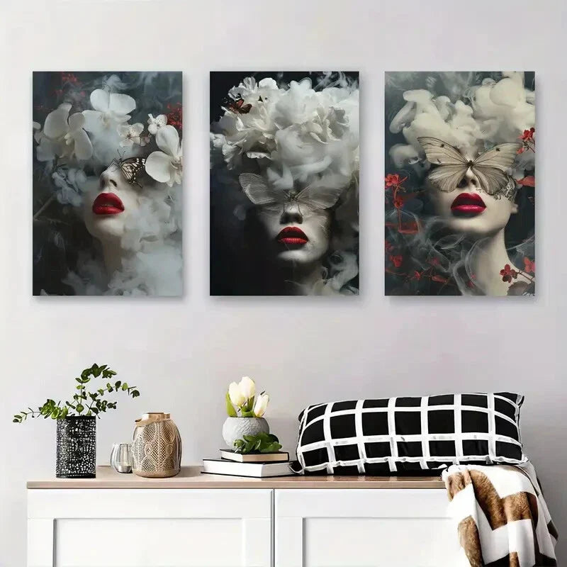 3pcs Red Lips Floral Face Smoke Abstract Metal Print Ready to Hang Art