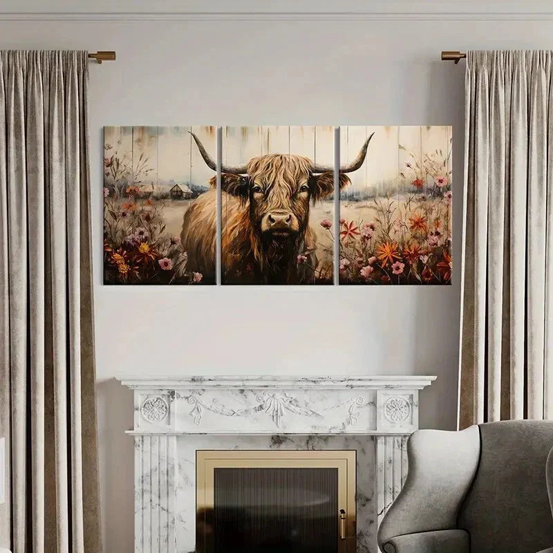3pcs Scottish Highland Cow with Vibrant Flowers Metal Print Ready to Hang Art