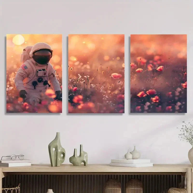 3pcs Star Explorer, Astronaut in a Flower Field Metal Print Ready to Hang Art