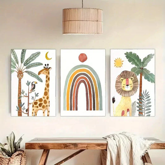 3pcs Wildlife Art Animals and Abstract Posters Metal Print Ready to Hang Art