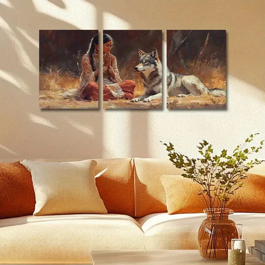 3pcs Mystical Woman & Wolf in Serene Forest Scene Metal Print Ready to Hang Art