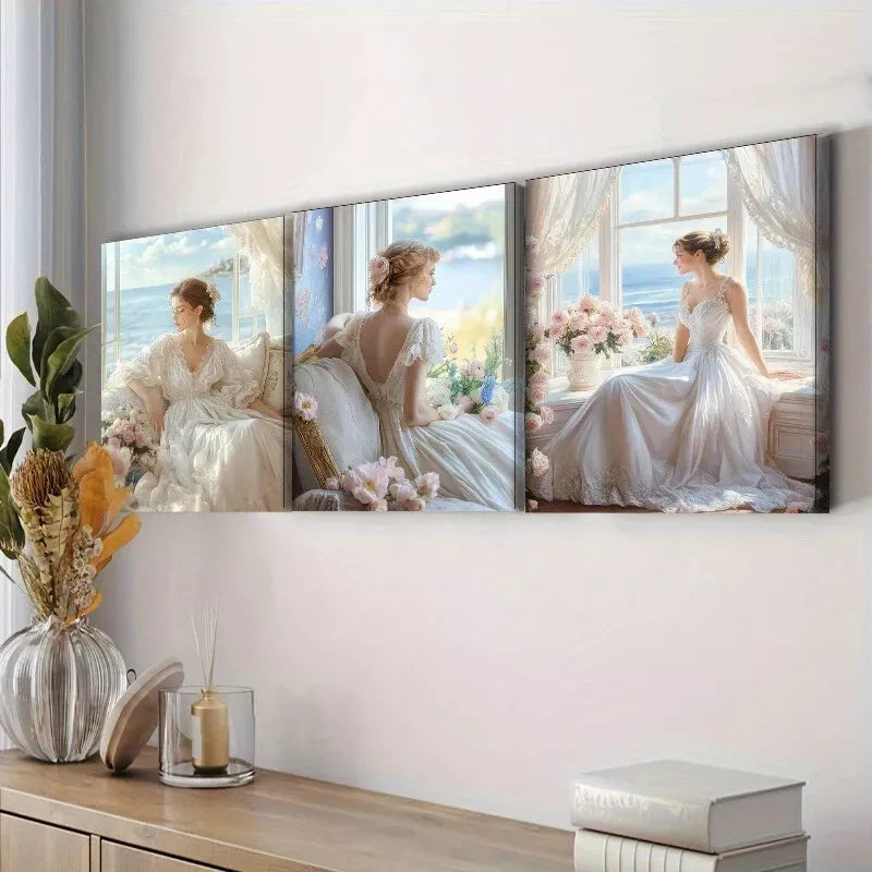 3pcs Woman In A White Dress Sitting By a Window Wall Art Set Canvas Framed 40x60cm - High Quality Print 100% Australian Made Wall Canvas Ready to Hang