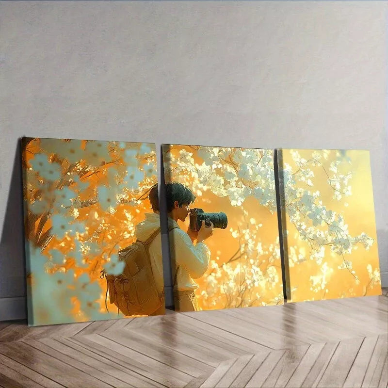 3pcs Male Cameraman Holding Camera Flowers Wall Art Set Canvas Framed 40x60cm - High Quality Print 100% Australian Made Wall Canvas Ready to Hang