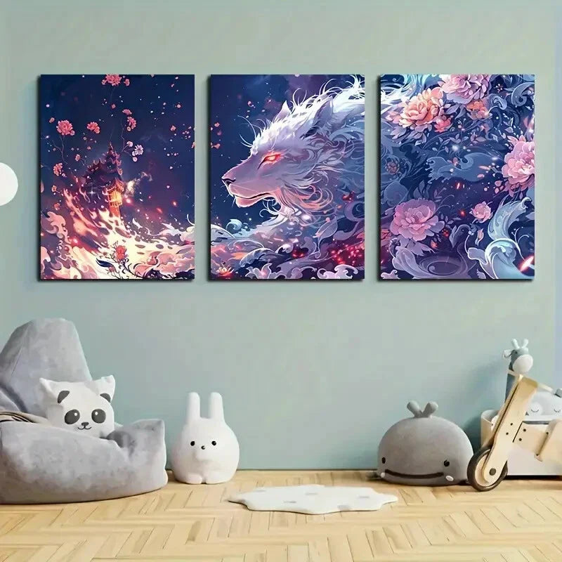 3pcs White Lion Glowing Eyes Animal Metal Print Ready to Hang Art