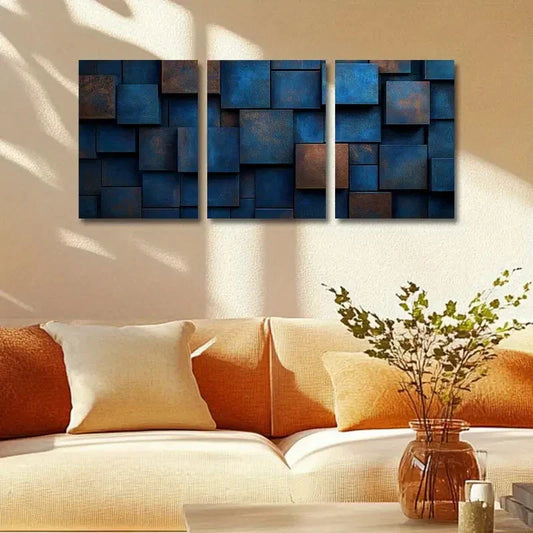 3pcs Color Block Design in Blue, Green & Brown Metal Print Ready to Hang Art