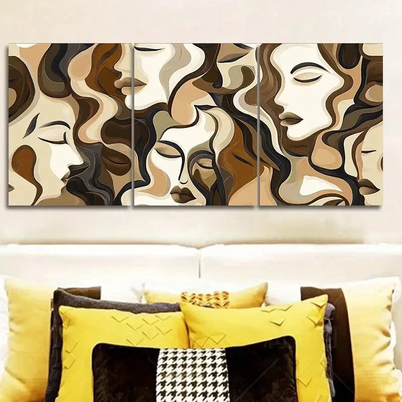 3pcs Brown and beige faces Metal Print Ready to Hang Art