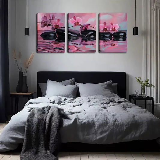 3pcs Water, Pebbles, Orchids Wall Art Set Canvas Framed 40x60cm - High Quality Print 100% Australian Made Wall Canvas Ready to Hang