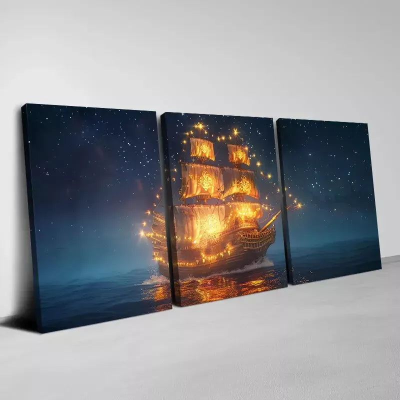 3pcs Enchanting Sailboat Under the Stars Wall Art Set Canvas Framed 40x60cm - High Quality Print 100% Australian Made Wall Canvas Ready to Hang