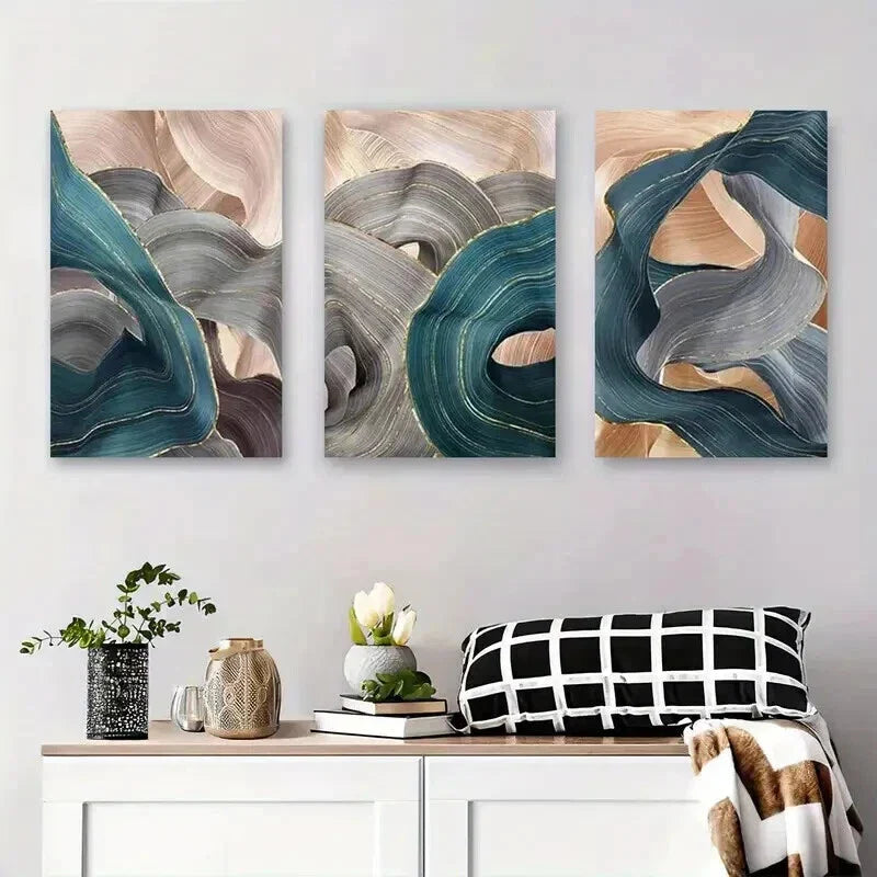 3pcs Modern Fluid Lines in Soft Golden, Blue, Metal Print Ready to Hang Art