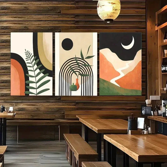 3pcs Sun Moon and Green Grass Poster Abstract Metal Print Ready to Hang Art