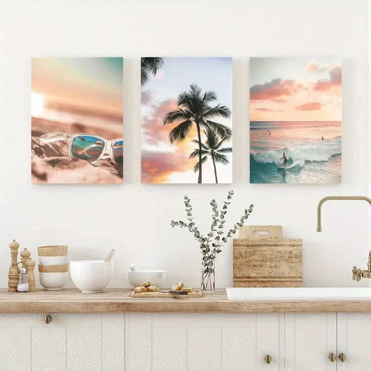 3pcs Pampas Print Beach Prints Beach Wall Art Metal Print Ready to Hang Art