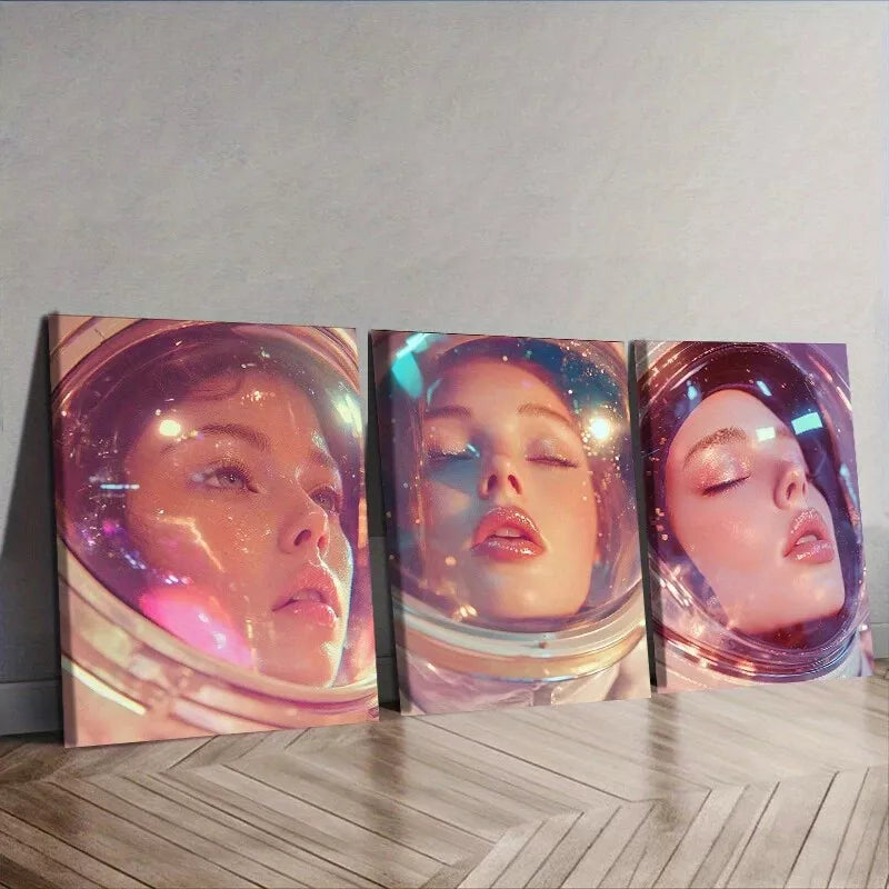 3pcs Featuring An Astronaut Colorful Background Wall Art Set Canvas Framed 40x60cm - High Quality Print 100% Australian Made Wall Canvas Ready to Hang