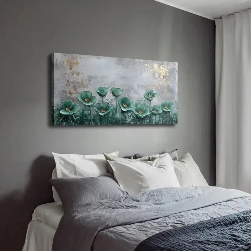 Deep Green Flowers & Golden Wall Art Canvas Office Home Room Framed 120x60cm