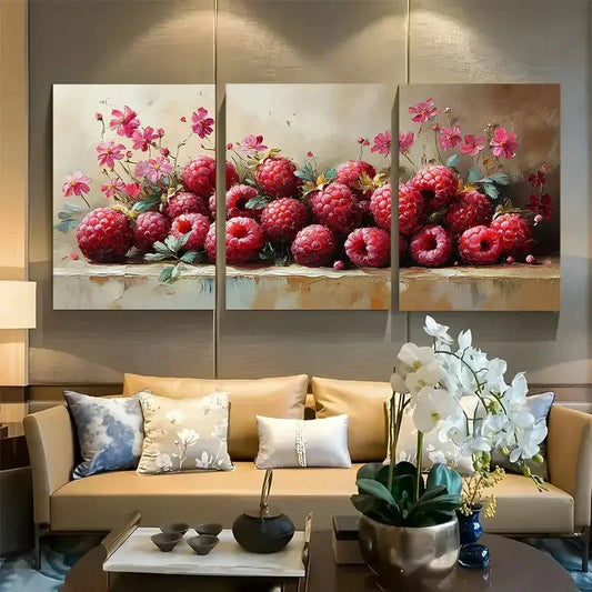 3pcs Bright Raspberries And Flowers Design Metal Print Ready to Hang Art