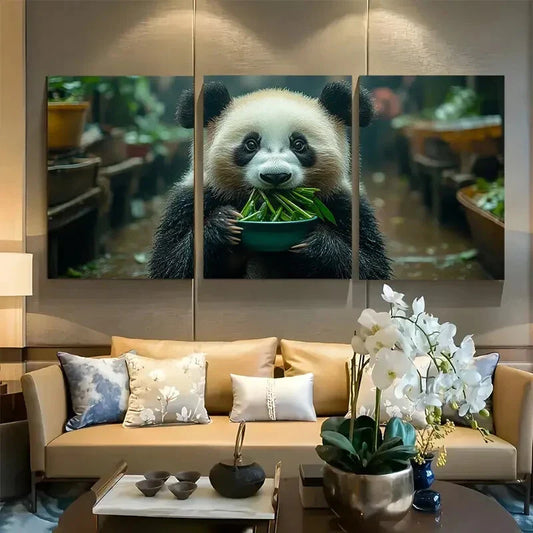 3pcs Cute Panda Bear Eating Bamboo Metal Print Ready to Hang Art