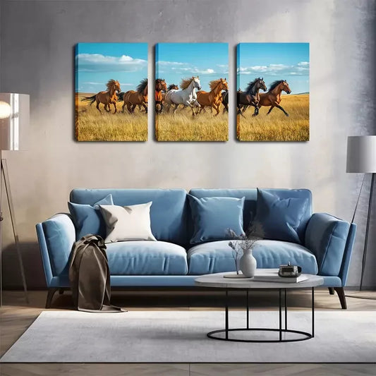 3pcs Panel Running Horses Wall Art Set Canvas Framed 40x60cm - High Quality Print 100% Australian Made Wall Canvas Ready to Hang