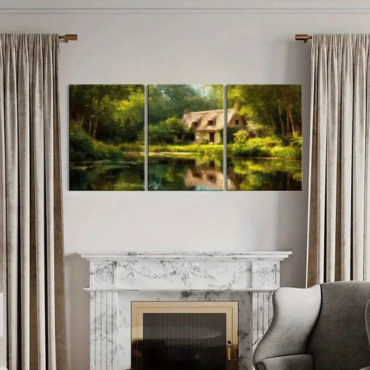 3pcs Thatched Roof Lush Greenery Serene Lake Metal Print Ready to Hang Art