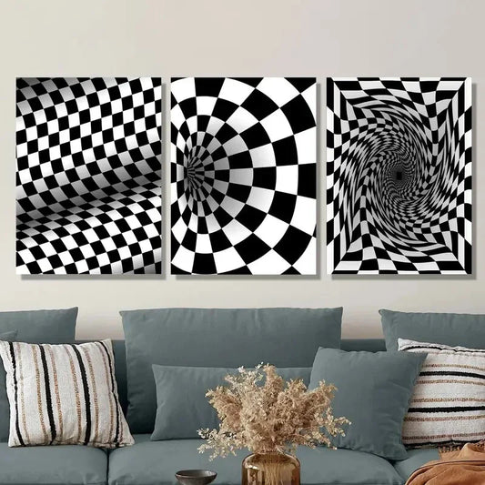3pcs Black and white optical illusion swirl Metal Print Ready to Hang Art