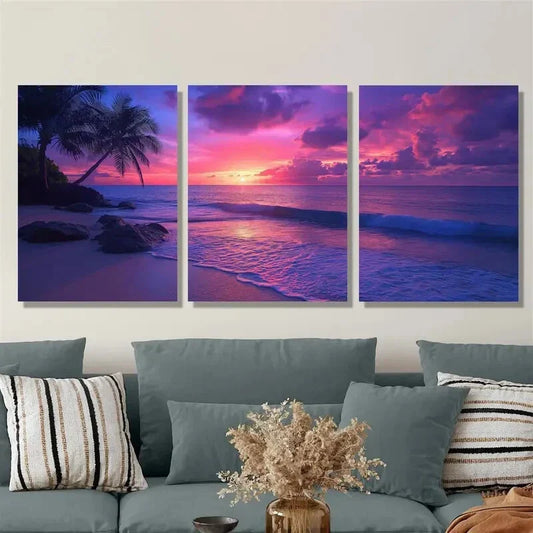 3pcs Palm trees, ocean, beach, sunset, clouds, Metal Print Ready to Hang Art