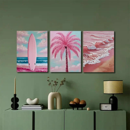 3pcs Pastel Coastal Posters Pink Ocean Pictures Metal Print Ready to Hang Art
