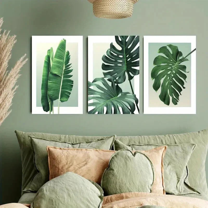 3pcs Featuring Green Olive Leaves And Devil'S Vine Metal Print Ready to Hang Art