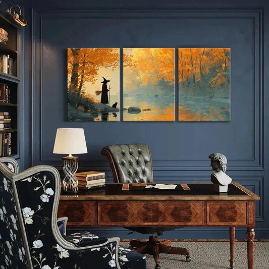 3pcs Autumn Forest Witch Silhouette Serene Lake Metal Print Ready to Hang Art