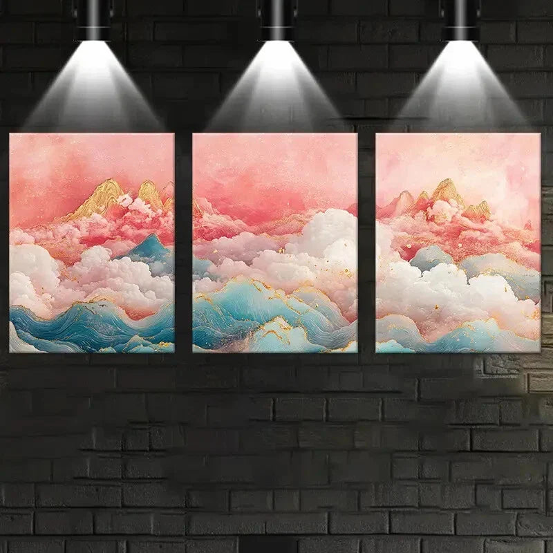 3pcs Pink and Blue Waves Painting Metal Print Ready to Hang Art