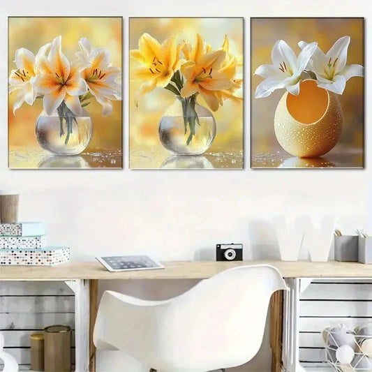 3pcs Yellow And White Lily Prints in Glass Vase Metal Print Ready to Hang Art