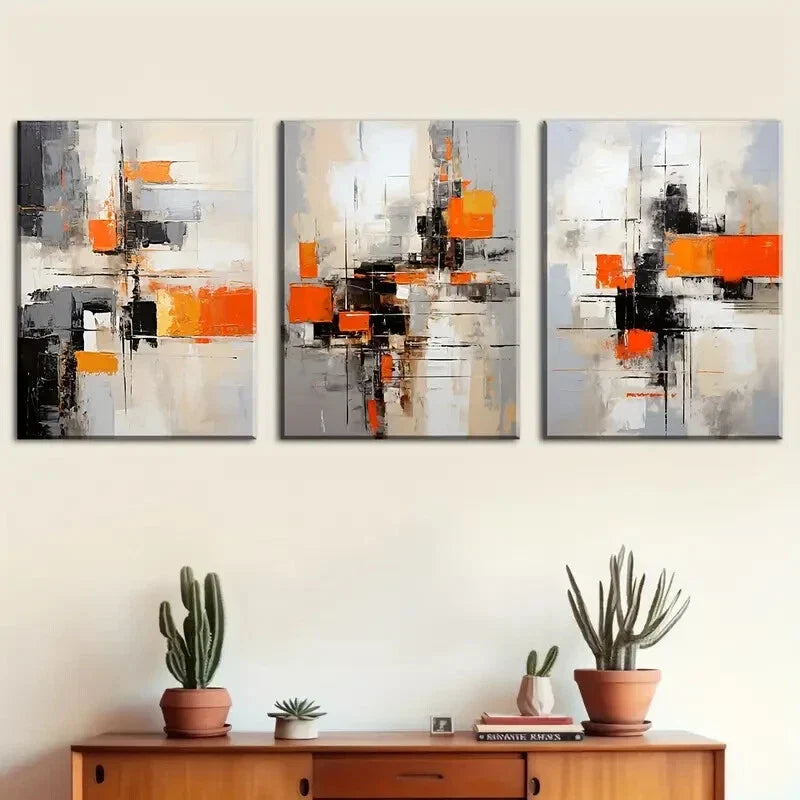 3pcs Abstract Orange Block Geometric Lines Metal Print Ready to Hang Art
