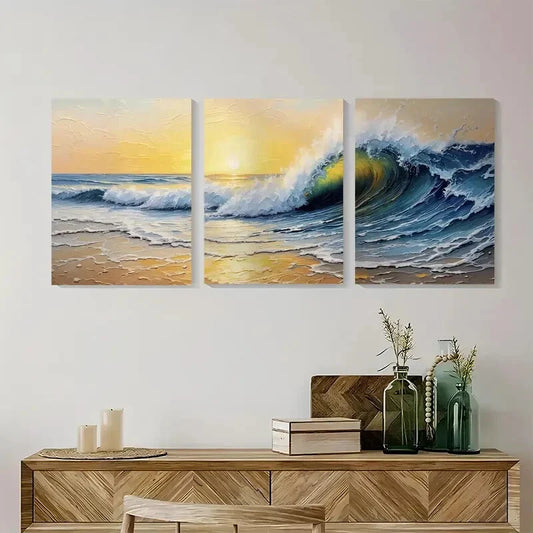 3pcs Vibrant Blue Waves & Yellow Sky Coastal Metal Print Ready to Hang Art