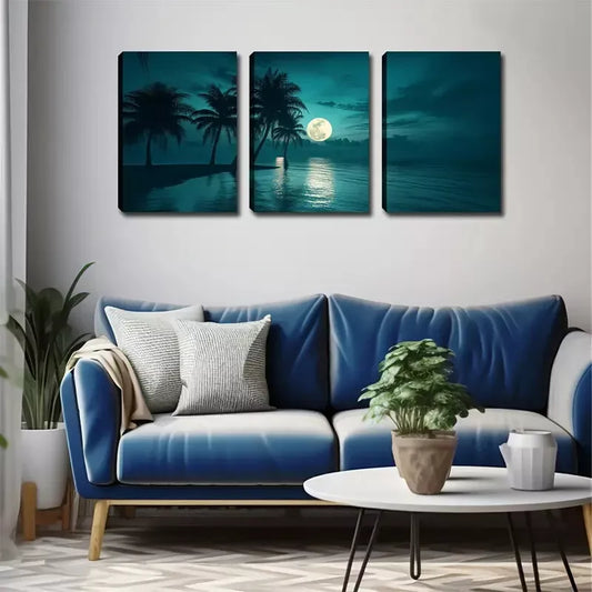 3pcs Under The Night Sky, Seaside Coconut Trees, Wall Art Set Canvas Framed 40x60cm - High Quality Print 100% Australian Made Wall Canvas Ready to Hang