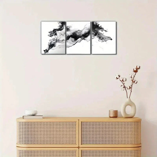 3pcs Modern Abstract Black & White Smoke Design Metal Print Ready to Hang Art